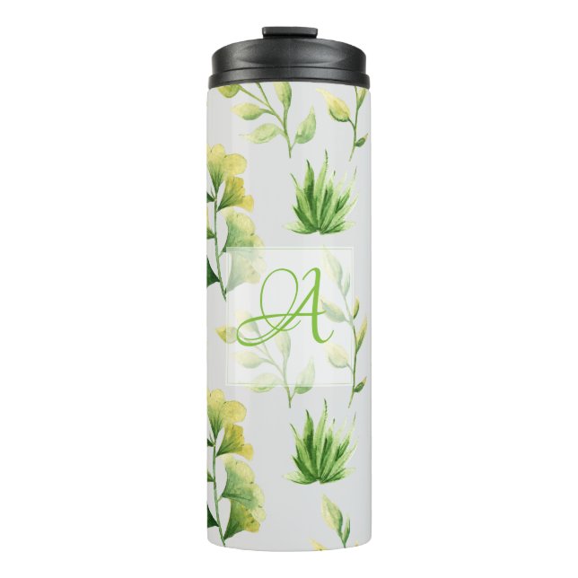 Mit Monogramm botanische Blätter Watercolor Green  Thermosbecher (Vorderseite)