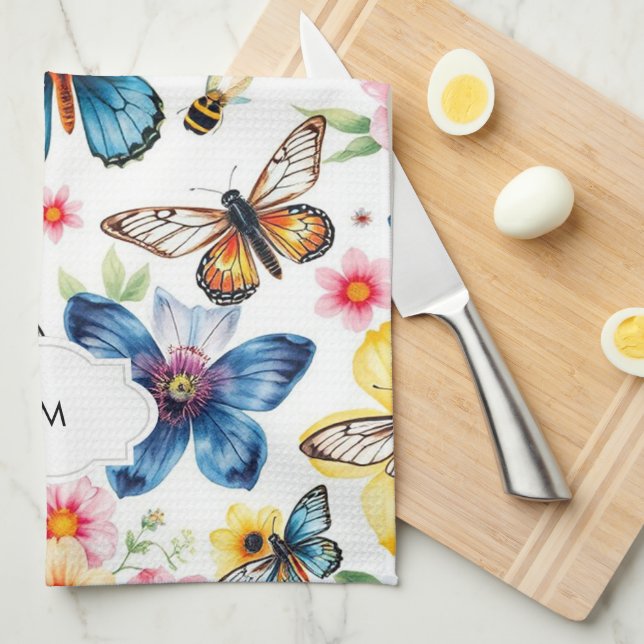 Mit Monogramm botanisches Wasserfarbenmuster Geschirrtuch (Viertel Falte)