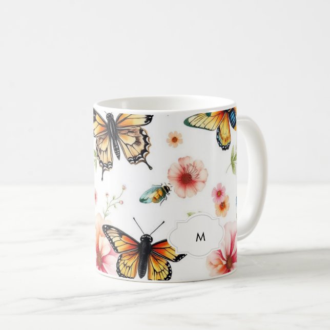 Mit Monogramm botanisches Wasserfarbenmuster Kaffeetasse (VorderseiteRechts)