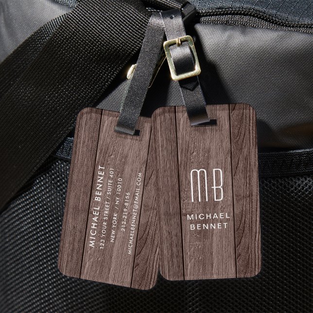 Mit Monogramm braune Imitate Holztextur Gepäckanhänger (Monogrammed Brown Faux Wood Texture Luggage Tag)