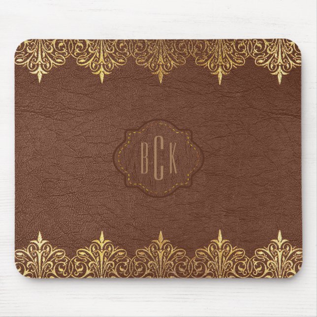 Mit Monogramm braune Imitate Leather Gold Lace Acc Mousepad (Vorne)