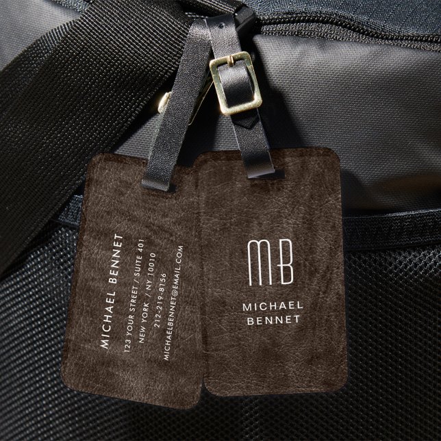 Mit Monogramm braune Imitate Ledertextur Gepäckanhänger (Monogrammed Brown Faux Leather Texture Luggage Tag)
