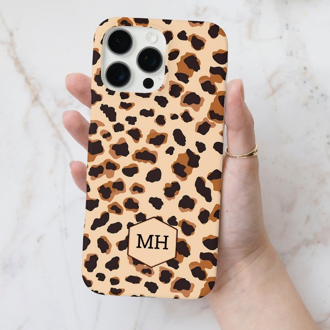 Mit Monogramm-braunes Leopard-Muster Moderner Chic Case-Mate iPhone Hülle (Monogrammed Brown Leopard Pattern Modern Chic Case-Mate iPhone Case)