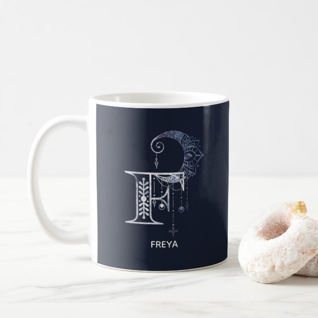 Mit Monogramm Buchstabe F Boho Crescent Moon Manda Kaffeetasse (Mit Donut)
