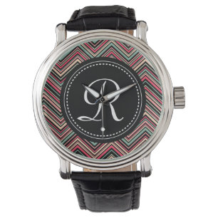 Mit Monogramm, buntes Tribal-Zickzack Muster Armbanduhr