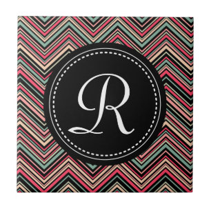Mit Monogramm, buntes Tribal-Zickzack Muster Fliese