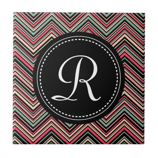 Mit Monogramm, buntes Tribal-Zickzack Muster Fliese (Vorderseite)