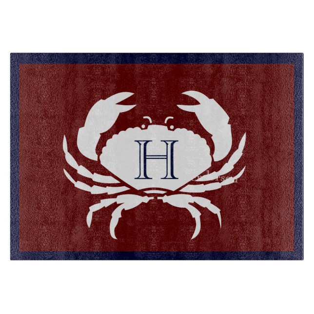 Mit Monogramm Burgundy Navy Weißes Krebse Schneidebrett (Vorderseite)