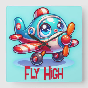 Mit Monogramm Cartoon Flugzeug blau   Quadratische Wanduhr