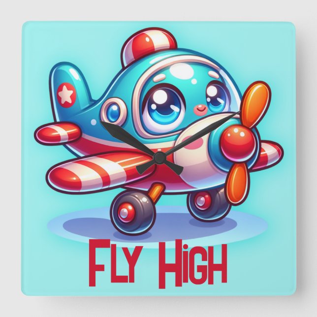 Mit Monogramm Cartoon Flugzeug blau | Quadratische Wanduhr (Vorderseite)
