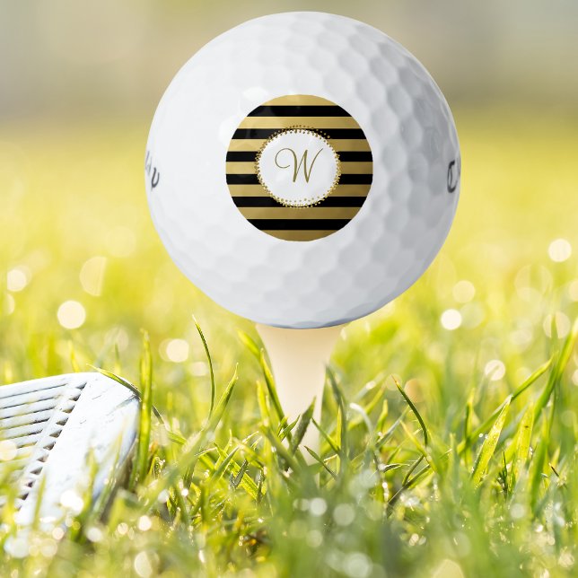 Mit Monogramm Chic Golf Balls Black Gold Streifen Golfball (Von Creator hochgeladen)