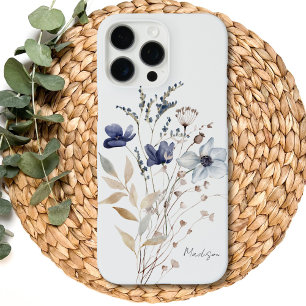 Mit Monogramm Chic Hübsch Watercolor Blue Blume iPhone 16 Pro Max Hülle