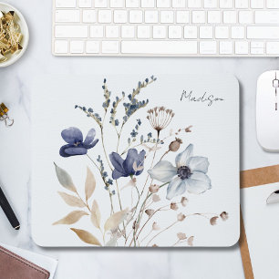 Mit Monogramm Chic Hübsch Watercolor Blue Blume Mousepad