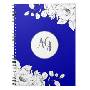 Mit Monogramm Chic Modern Royal Blue White Floral Notizblock