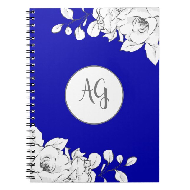 Mit Monogramm Chic Modern Royal Blue White Floral Notizblock (Vorderseite)