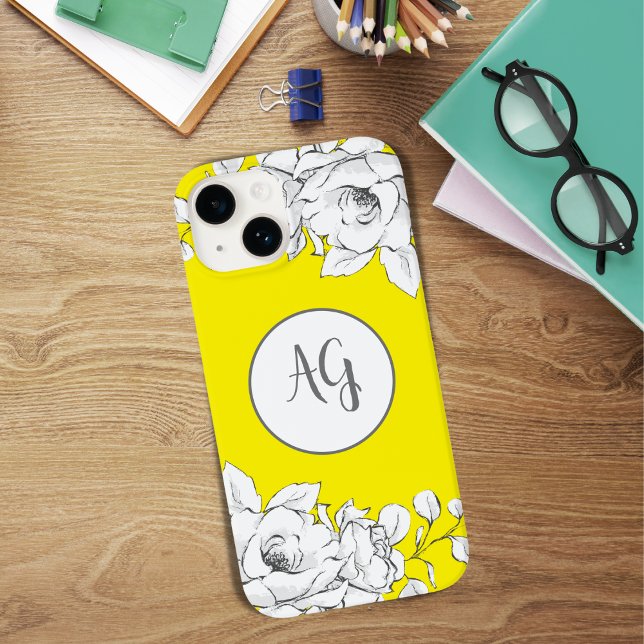 Mit Monogramm Chic Modern Yellow White Floral Case-Mate iPhone Hülle (Von Creator hochgeladen)