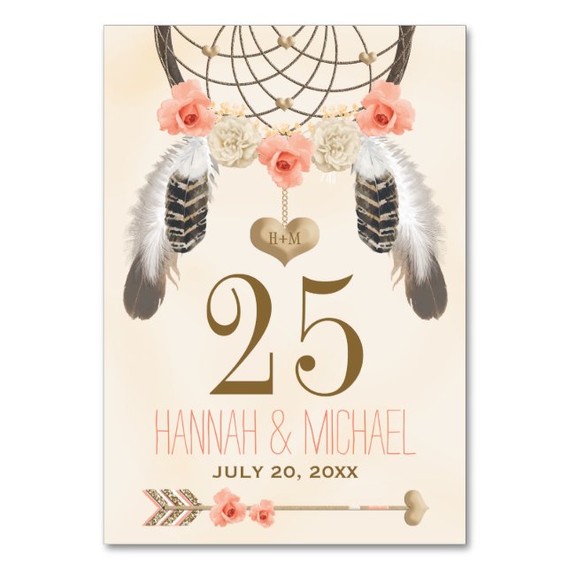 Mit Monogramm Coral Gold Boho Dreamcatcher-Nummer Tischnummer (Vorderseite)