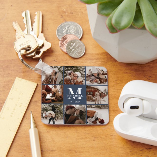 Mit Monogramm Couple-FotoCollage | Monogram Navy Schlüsselanhänger (Schreibtisch)