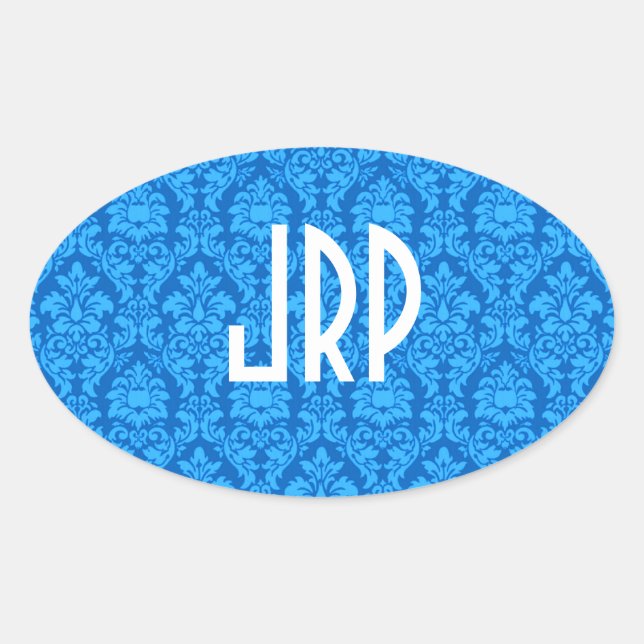 Mit Monogramm Damask Ovaler Aufkleber (Vorderseite)