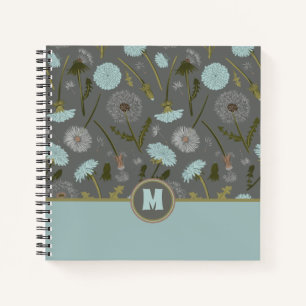 Mit Monogramm Dandelion-Blume Grau Blau Notizbuch