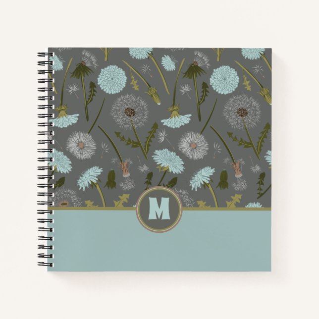 Mit Monogramm Dandelion-Blume Grau Blau Notizbuch (Vorderseite)