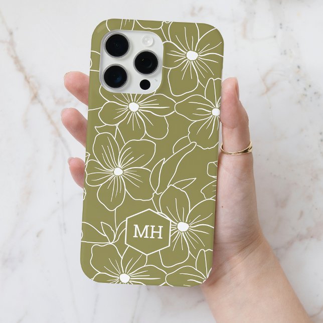 Mit Monogramm Design der schlichten Linie Green Fl Case-Mate iPhone Hülle (Monogrammed Green Floral Simple Line Art Pattern Case-Mate iPhone Case)