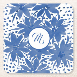 Mit Monogramm Design für blaue Flora Rechteckiger Pappuntersetzer