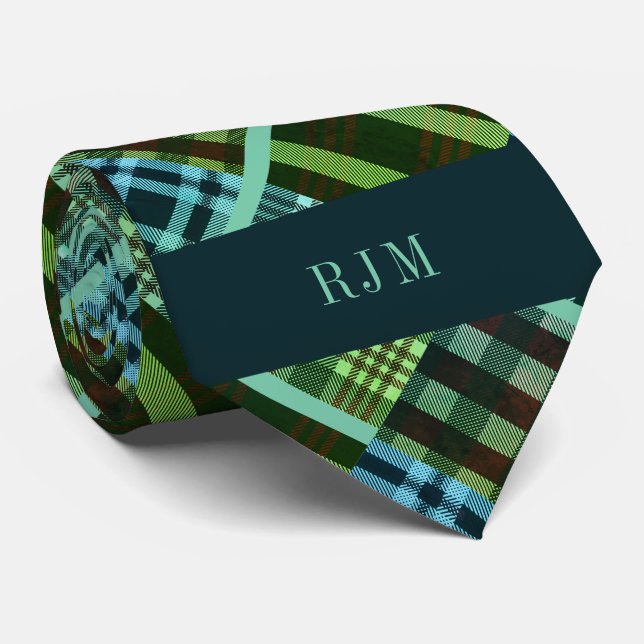 Mit Monogramm Diagonal Kariert grün und blau Krawatte (Gerollt)