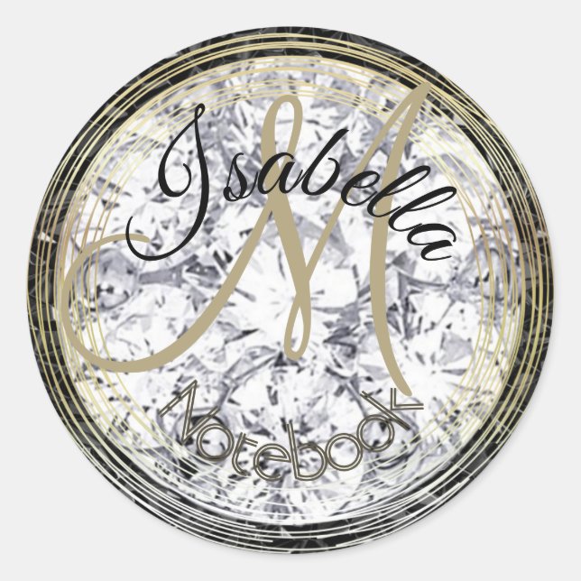 Mit Monogramm Diamant und schwarzer Kristall Runder Aufkleber (Vorderseite)