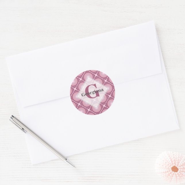 Mit Monogramm Dusky-Rose Dot Mandala geteert Runder Aufkleber (Umschlag)