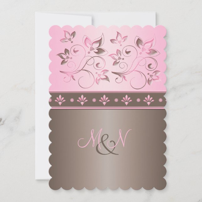 Mit Monogramm Einladung von Mocha und Rosa Floral (Vorderseite)