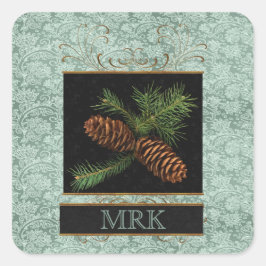Mit Monogramm Elegance mit Pine Cones Quadratischer Aufkleber