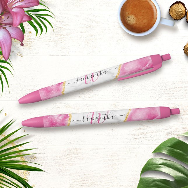 Mit Monogramm Elegant Girly Glam Pink Weißer Marmo Kugelschreiber (Von Creator hochgeladen)