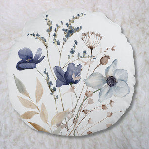 Mit Monogramm Elegante Chic Watercolor Blaue Blume Rundes Kissen