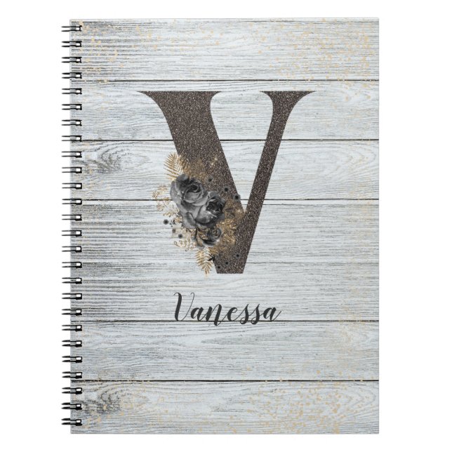 Mit Monogramm Elegante Moderne Goth Black Rose V Notizblock (Vorderseite)