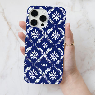 Mit Monogramm elegantes Blau- und Weißblumenmuster Case-Mate iPhone Hülle