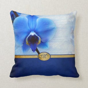 Mit Monogramm elegantes blaue Orchideen-Gold Kissen
