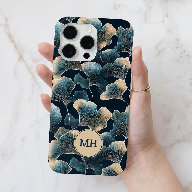 Mit Monogramm elegantes blaues Ginkgo-Blumenmuster Case-Mate iPhone Hülle (Monogrammed Elegant Blue Ginkgo Floral Pattern Case-Mate iPhone Case)