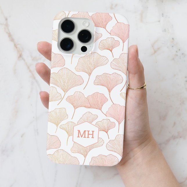 Mit Monogramm elegantes Blush Pink Ginkgo Leaf Mus Case-Mate iPhone Hülle (Monogrammed Elegant Blush Pink Ginkgo Leaf Pattern Case-Mate iPhone Case)