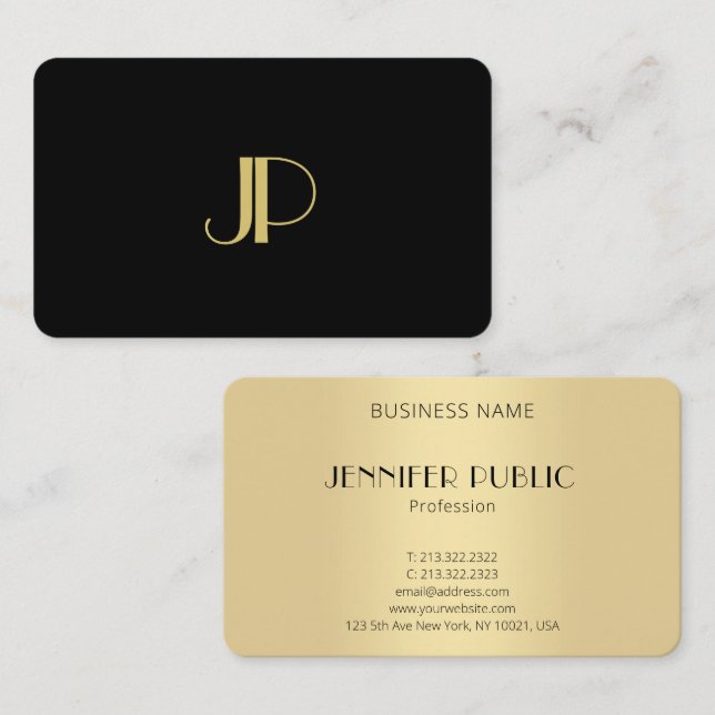 mit Monogramm elegantes, modernes Schwarzes Gold-T Visitenkarte (Vorne/Hinten)