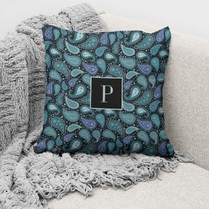 Mit Monogramm elegantes Retro Blue Paisley Muster Kissen