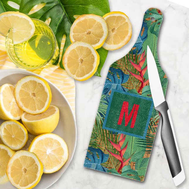 Mit Monogramm Exotic Tropical Floral Schneidebrett (Monogrammed Exotic Tropical Floral Glass Cutting Board Paddle Style)