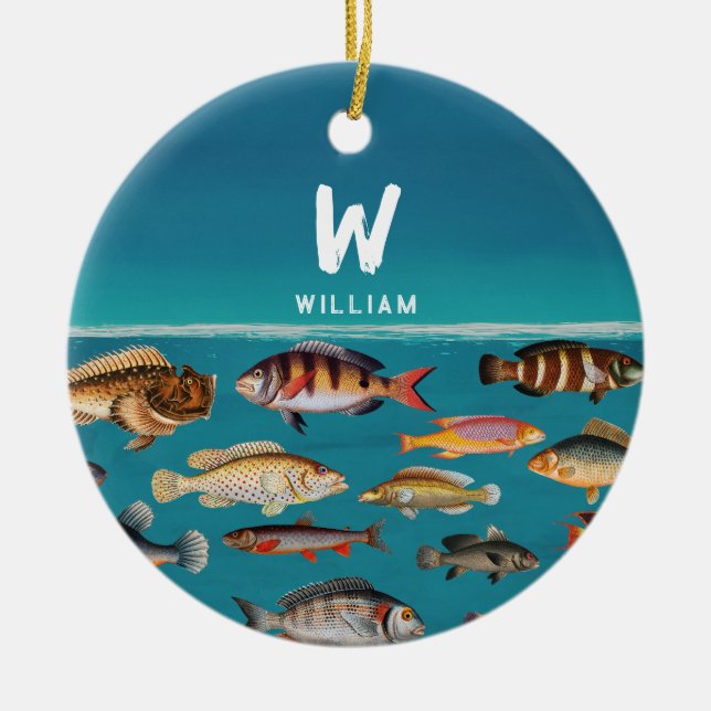 Mit Monogramm Fisch unter blauem Ozean Keramik Ornament (Vorne)