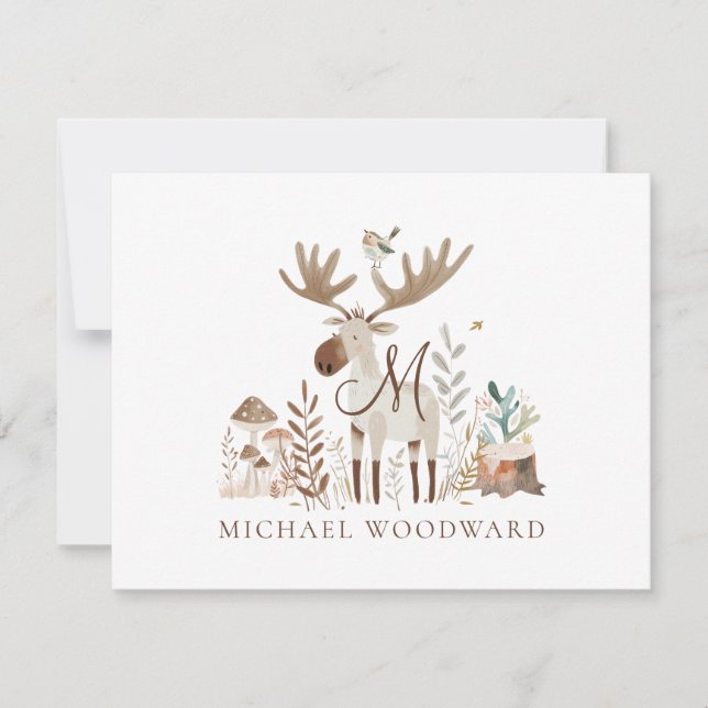 Mit Monogramm, flache Karte für Waldtiere von Kind (Vorderseite)