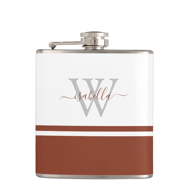 Mit Monogramm Flasche Moderner Skriptrust Flachmann (Vorderseite)