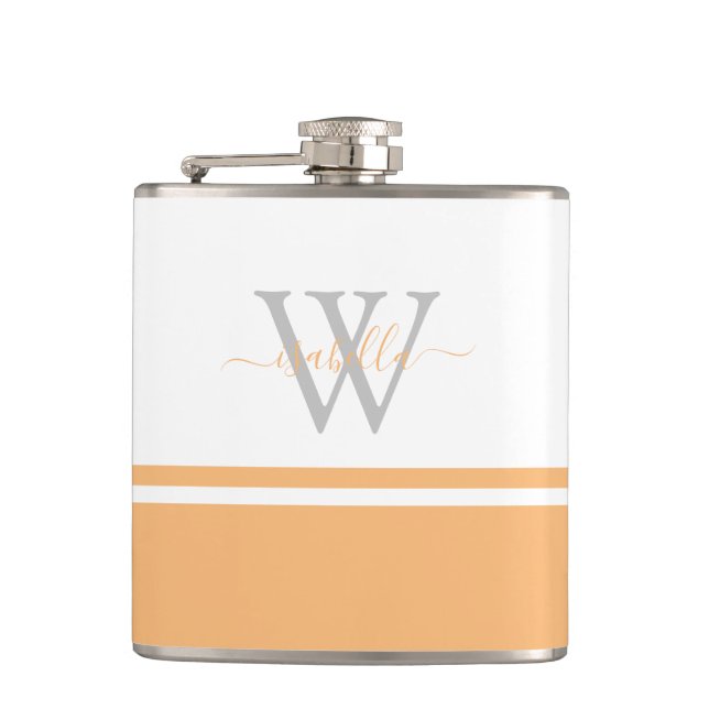 Mit Monogramm Flask Modern Script Peach Flachmann (Vorderseite)