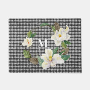 Mit Monogramm Flora Magnolia Schwarz-Weiß-Karo Fußmatte