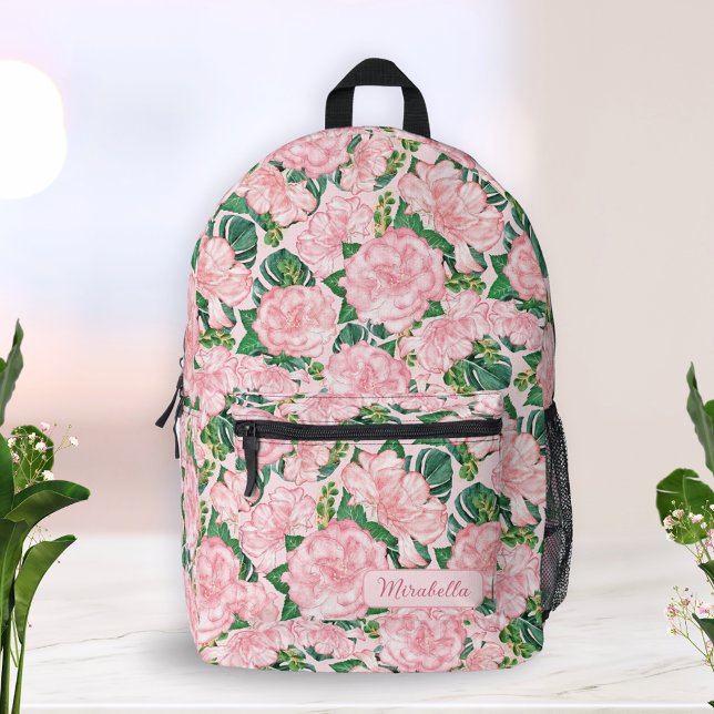Mit Monogramm florales Elegantes Rosa Bedruckter Rucksack (Von Creator hochgeladen)