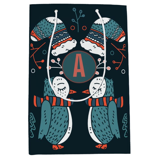 Mit Monogramm Folk Art Weihnachten Mittlere Geschenktüte (Vorderseite)