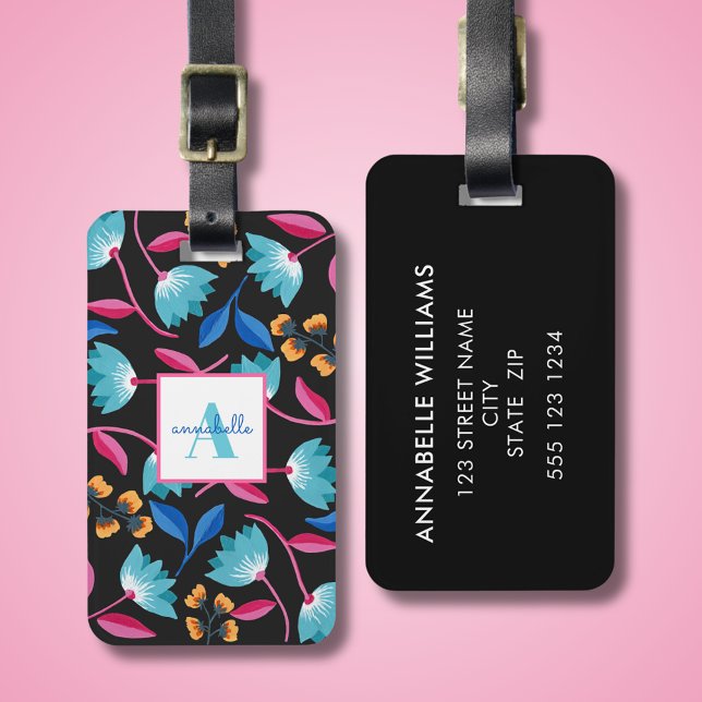 Mit Monogramm Folkloremuster Gepäckanhänger (Colour folk art floral pattern luggage tag with monogram, first name and contact details to reverse.)